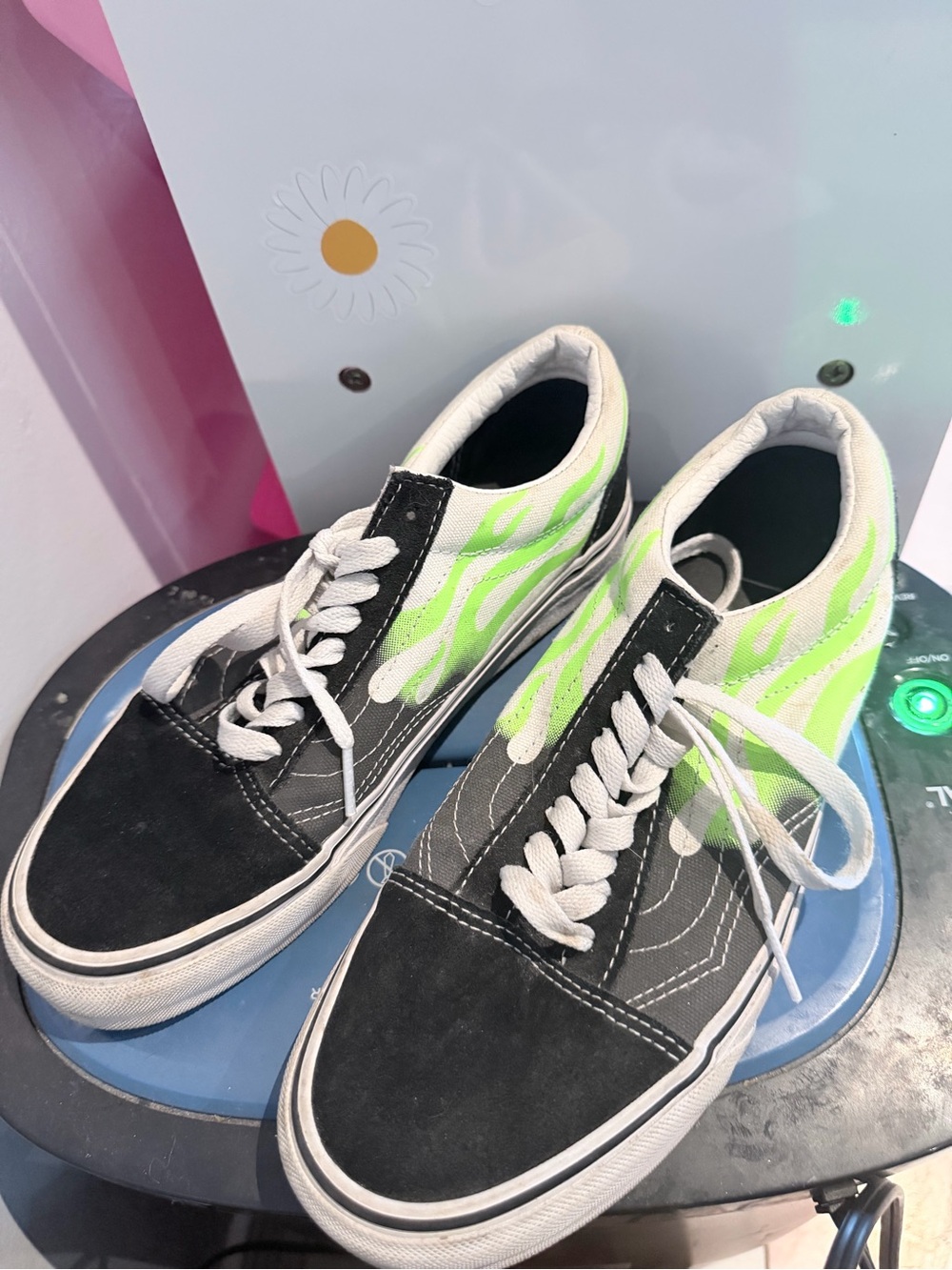 Vans Black & Neon Green Flame Old Skool Sneakers